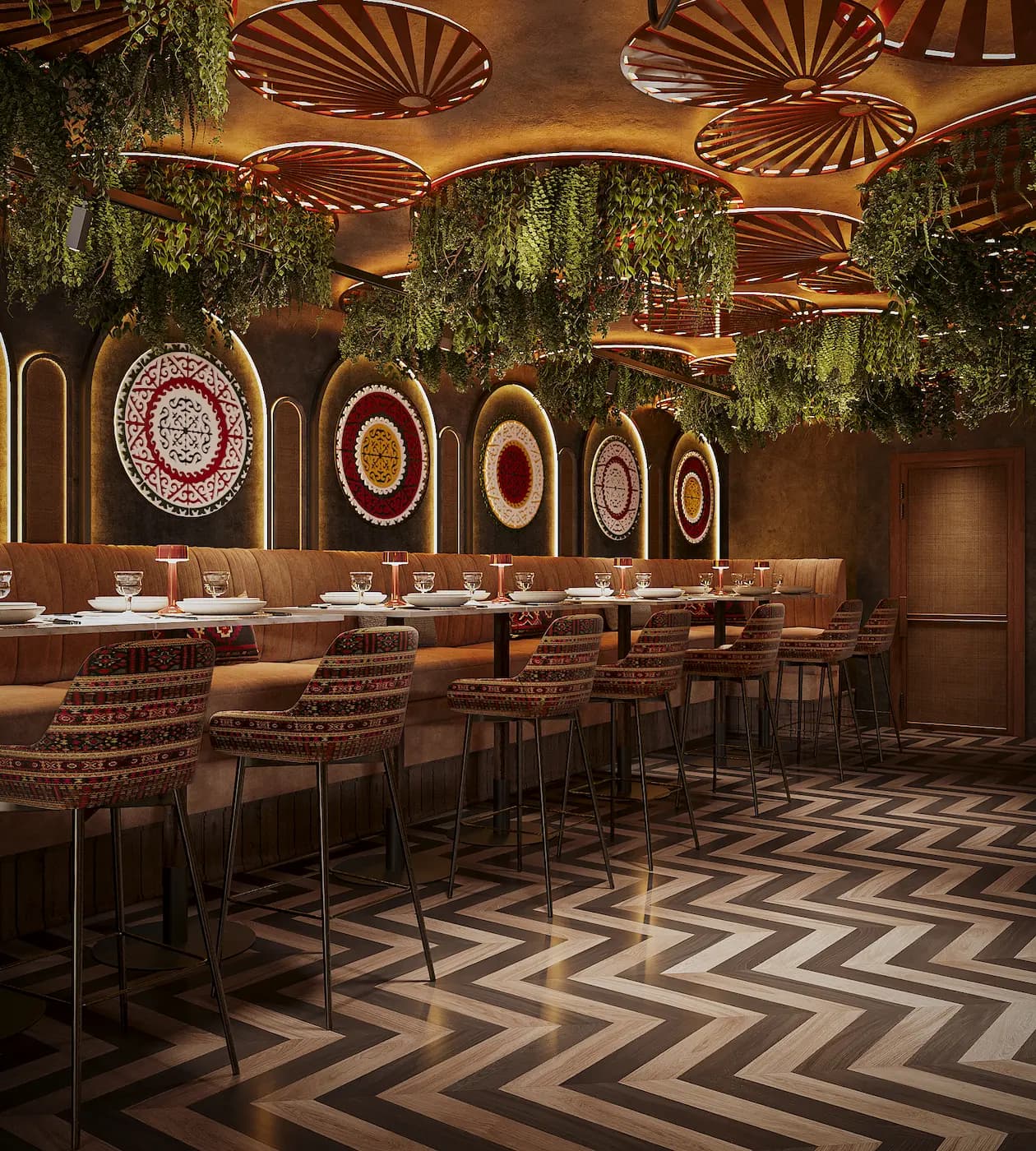 Dining hall with decorative circular wall panels, dark timber and geometric black-and-white flooring