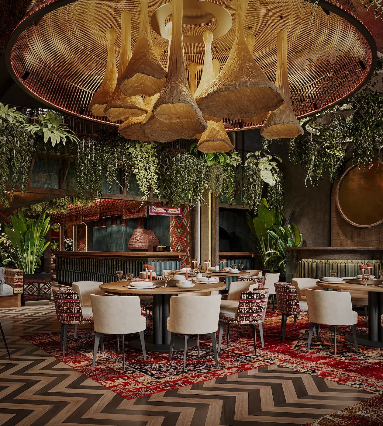 Chaihana seating area with Central Asian ornaments, red accents and French colonial furniture