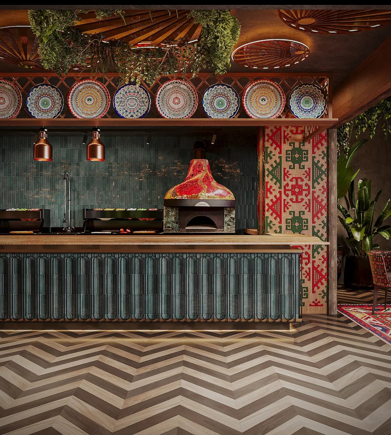 Intimate dining zone beneath suspended textile decor, tropical greenery and sculptural lighting