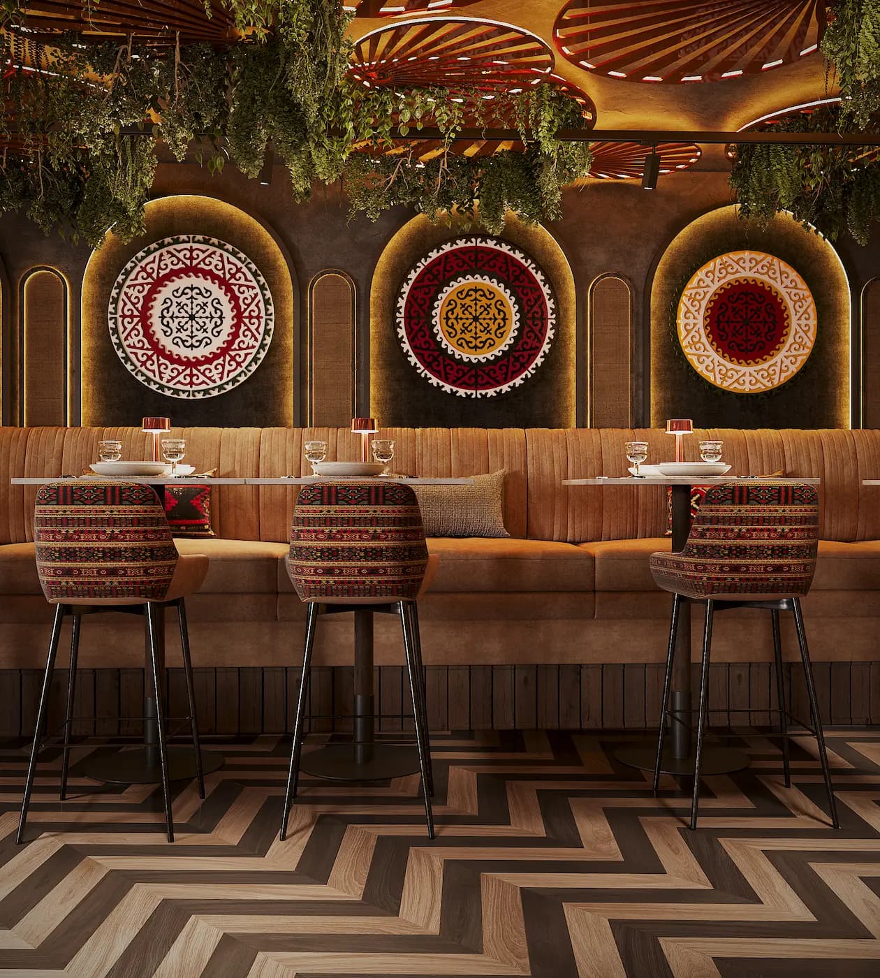 Chaihana bar with patterned facade, dark timber shelving and vivid red decorative details