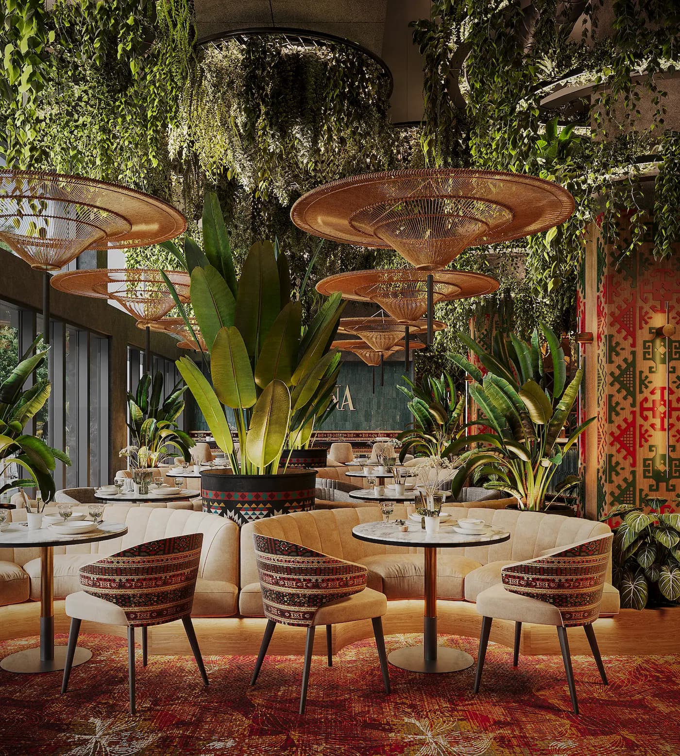Restaurant wall with illuminated ornamental medallions, timber panelling and geometric flooring