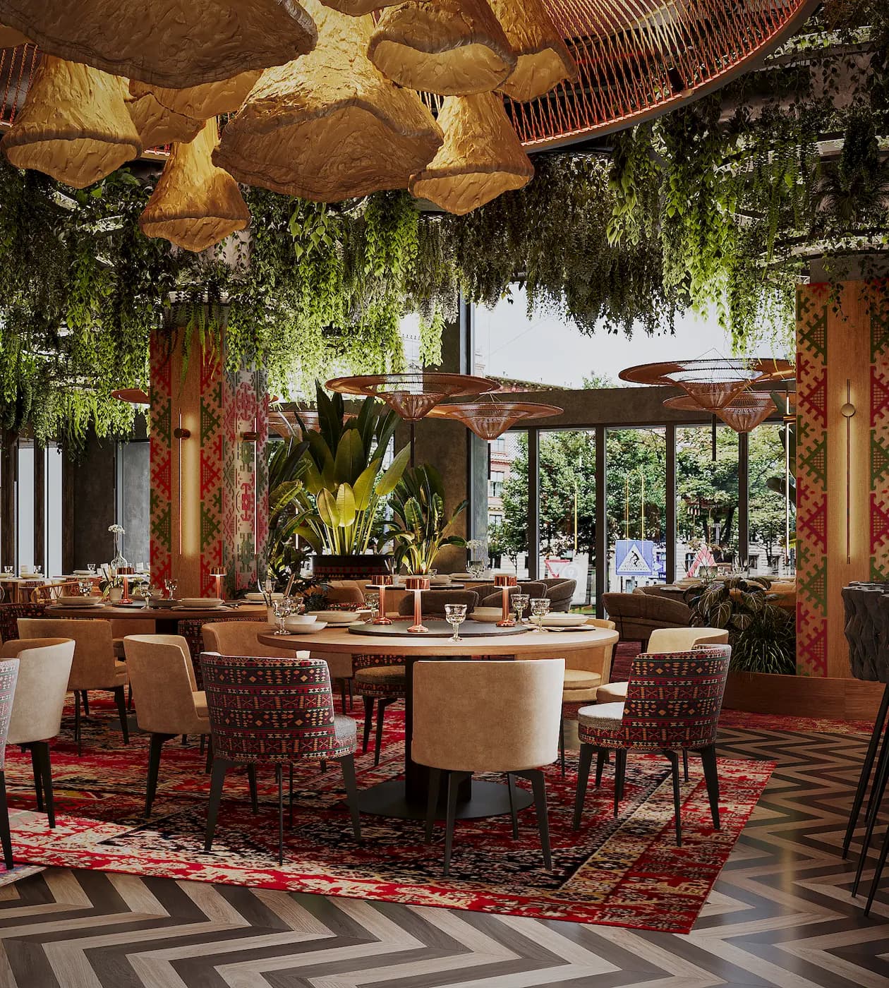 Lush dining area with tropical plants, decorative ceiling elements and colourful upholstered seating