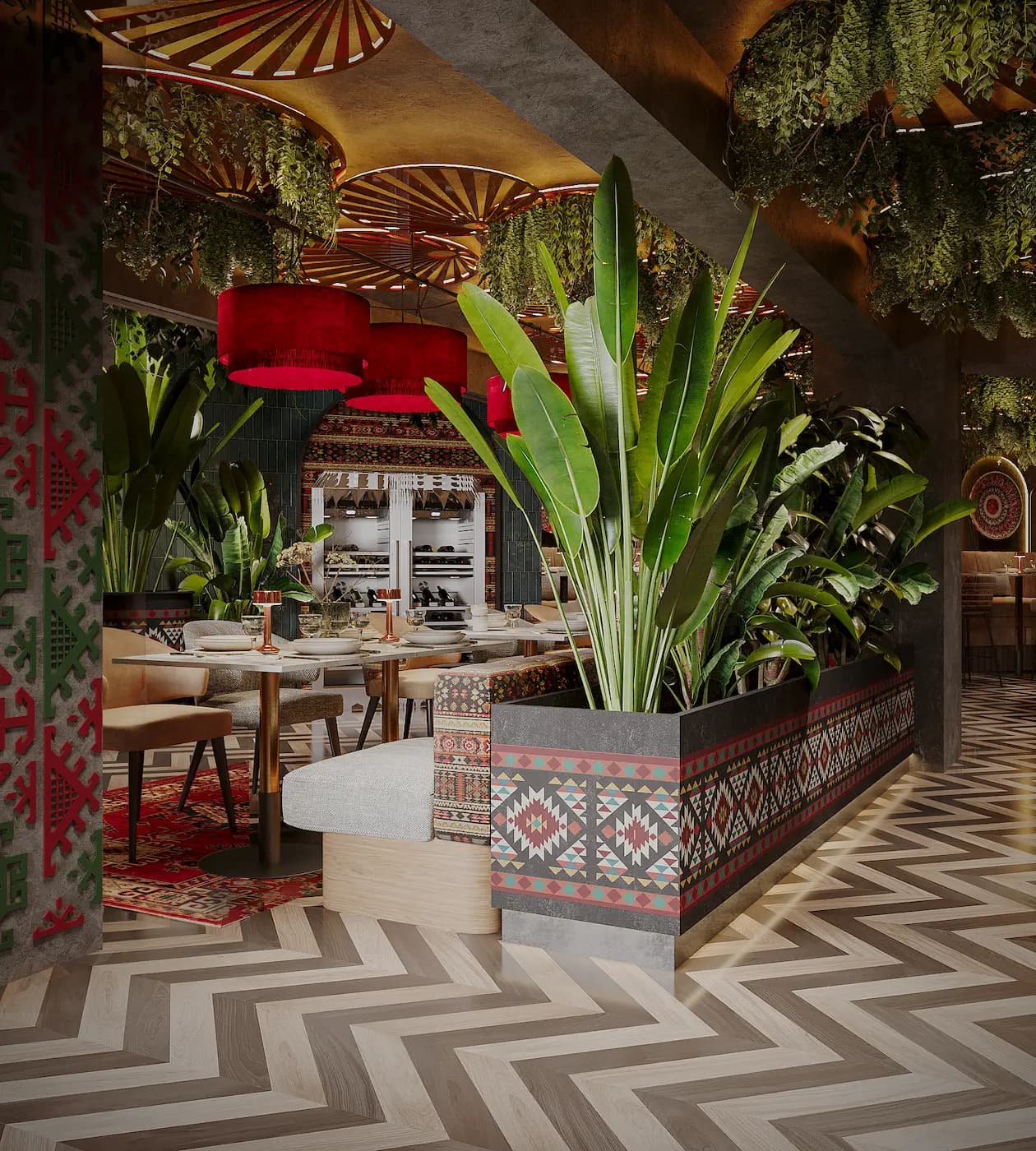 Chaihana interior with woven chairs, ornamental textiles and floor-to-ceiling greenery