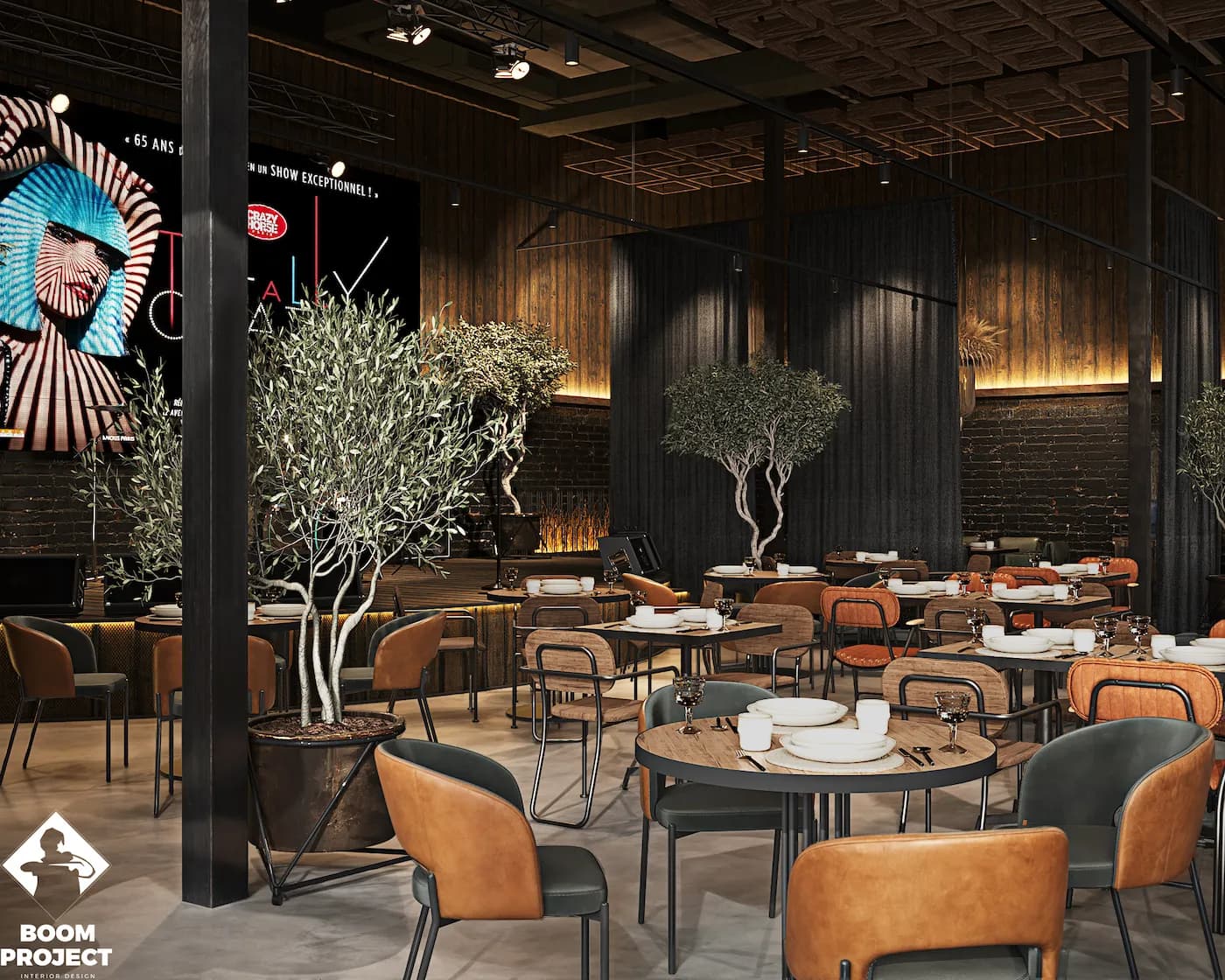 Zharovnya Crystal dining hall with rope ceiling installation, brick walls and custom industrial lighting