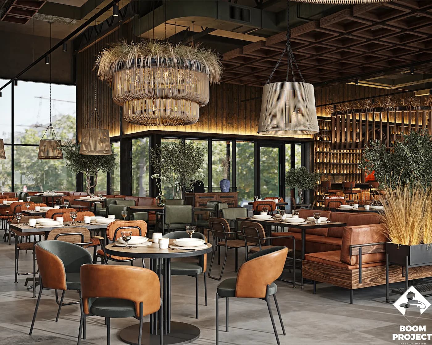 Spacious grill restaurant interior with timber furniture, panoramic windows and suspended rope decor