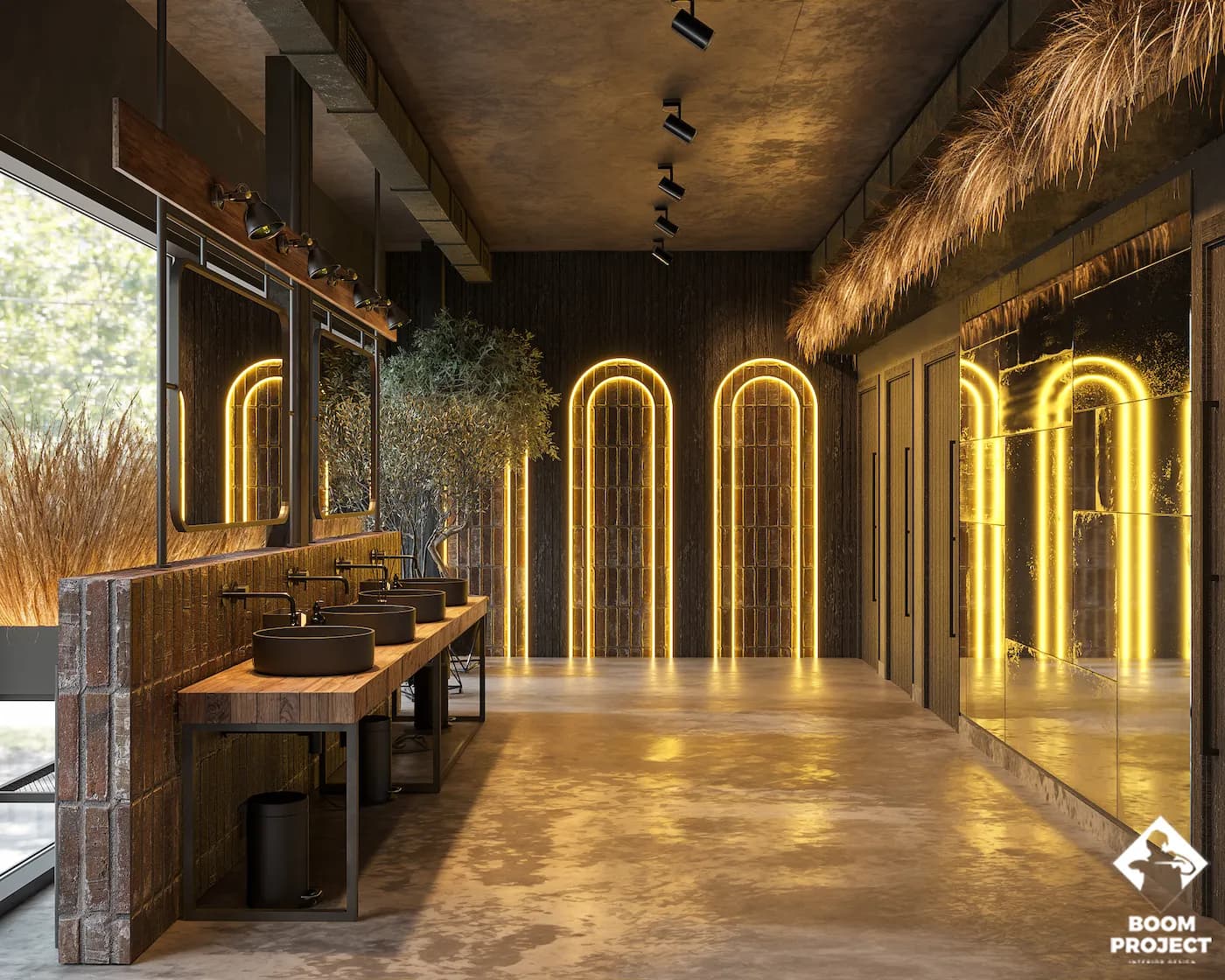 Restaurant corridor with illuminated arches, textured walls and dramatic amber lighting