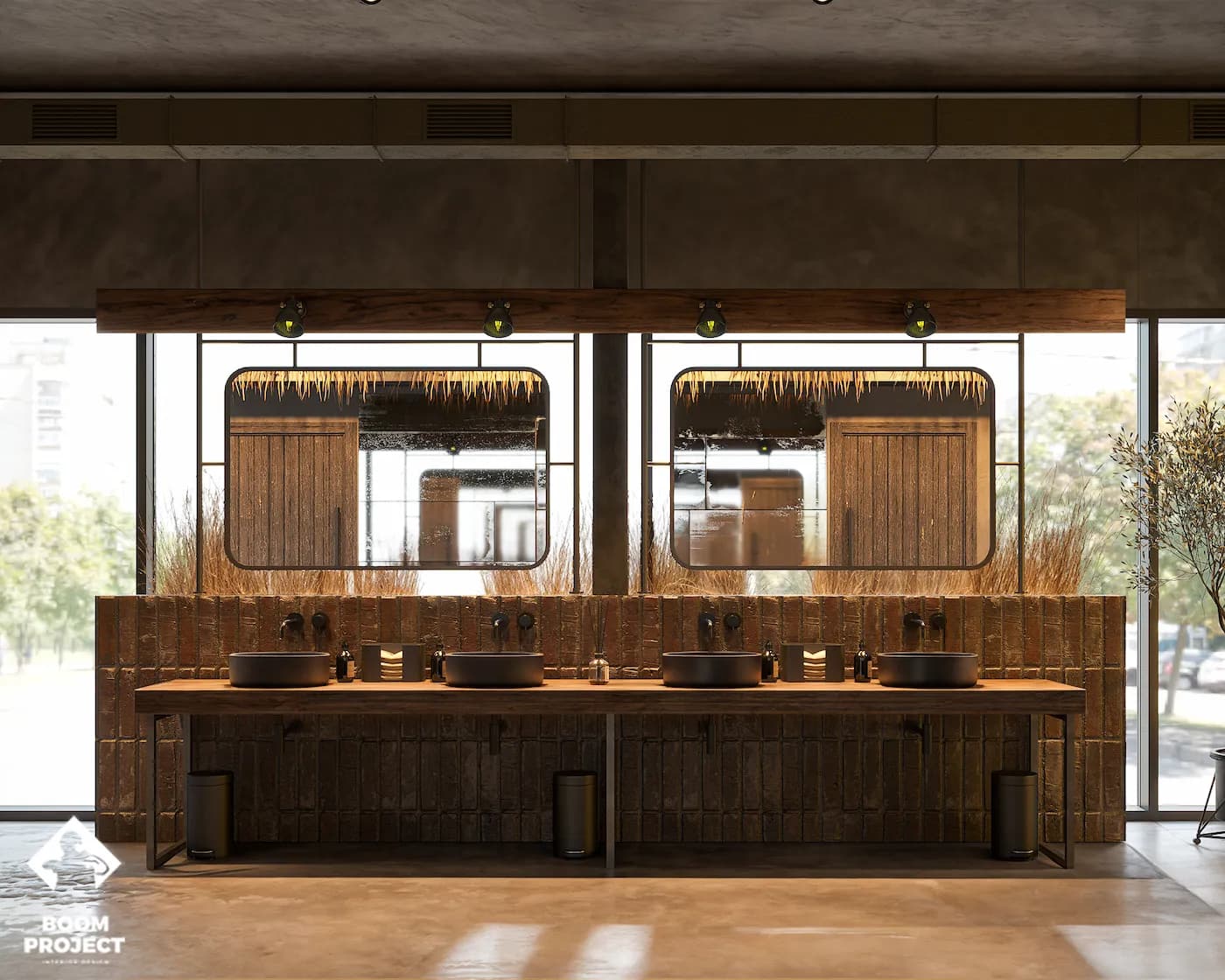 Open grill and service counter with dark metal framing, timber details and integrated lighting