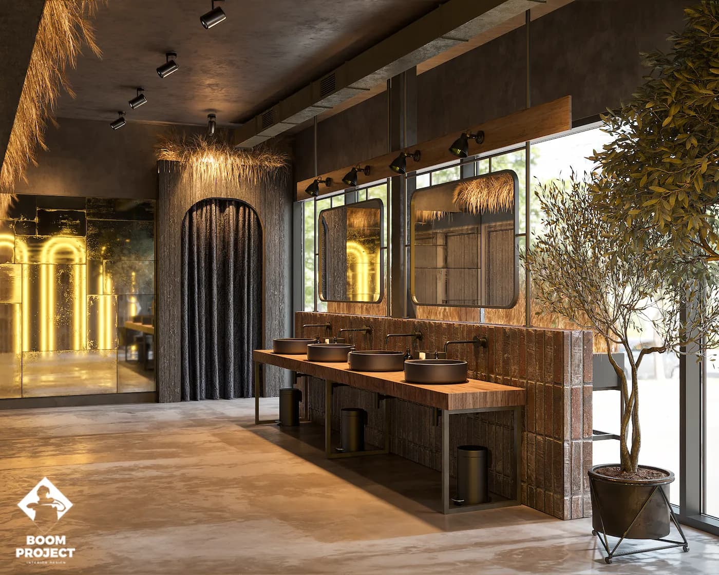 Zharovnya bar area with industrial finishes, custom shelving and warm pendant lights