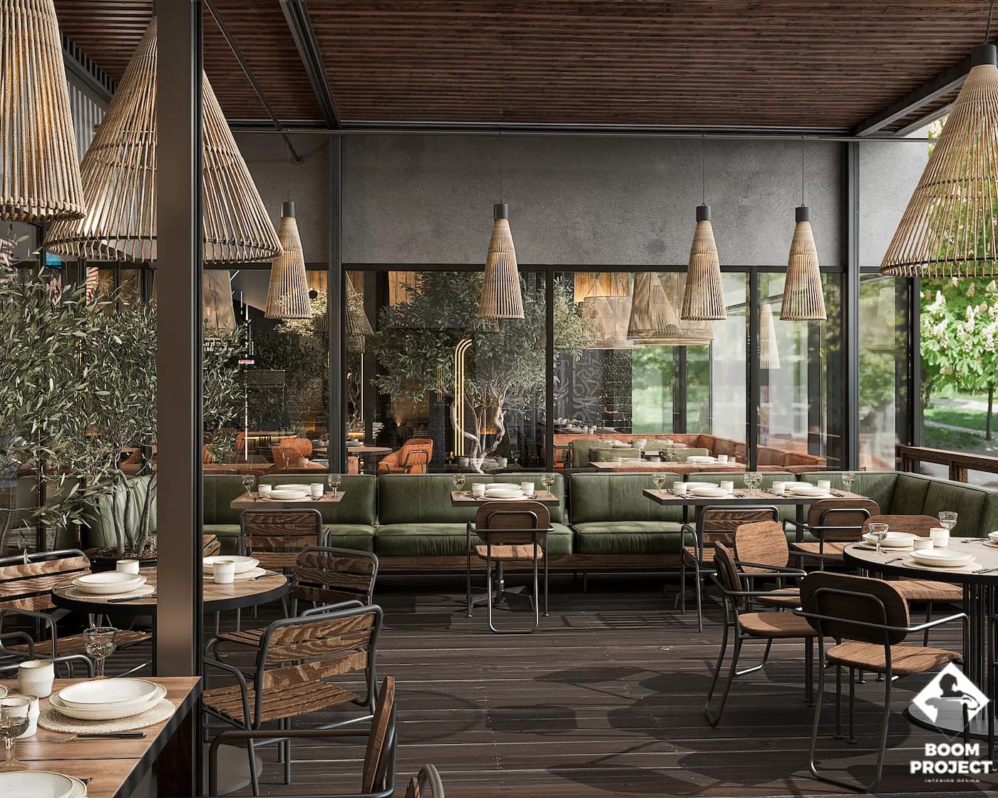 Loft-style dining area with brick walls, metal furniture and floor-to-ceiling windows