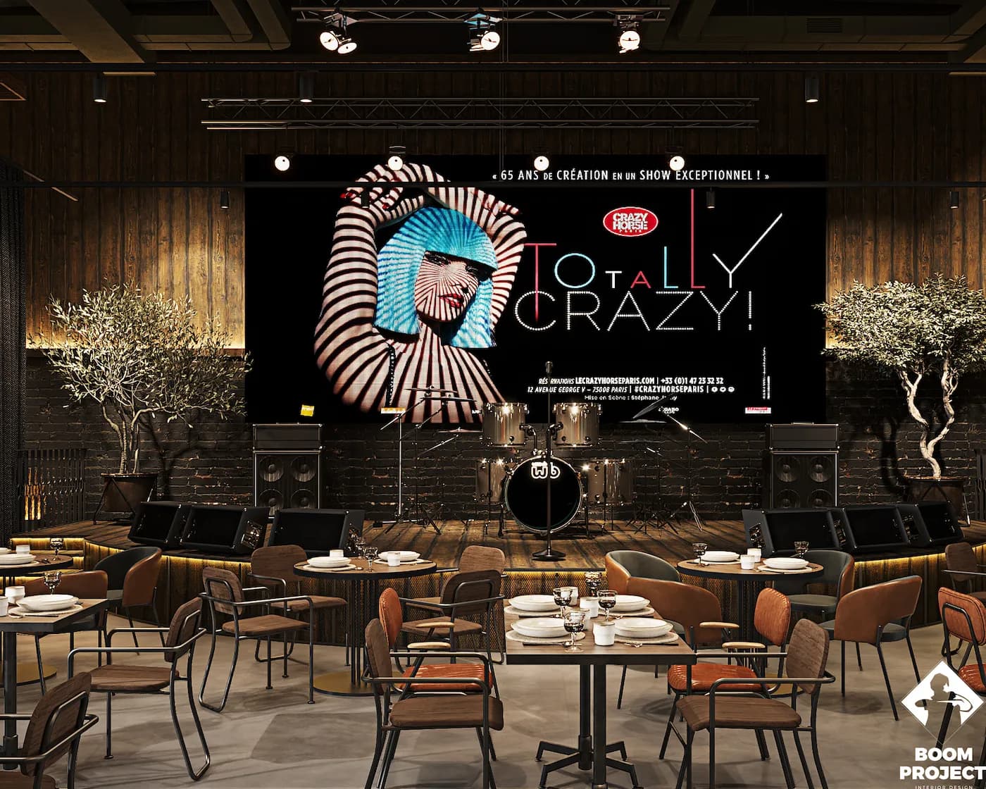 Zharovnya Crystal restaurant with large digital artwork, industrial ceiling and flexible seating