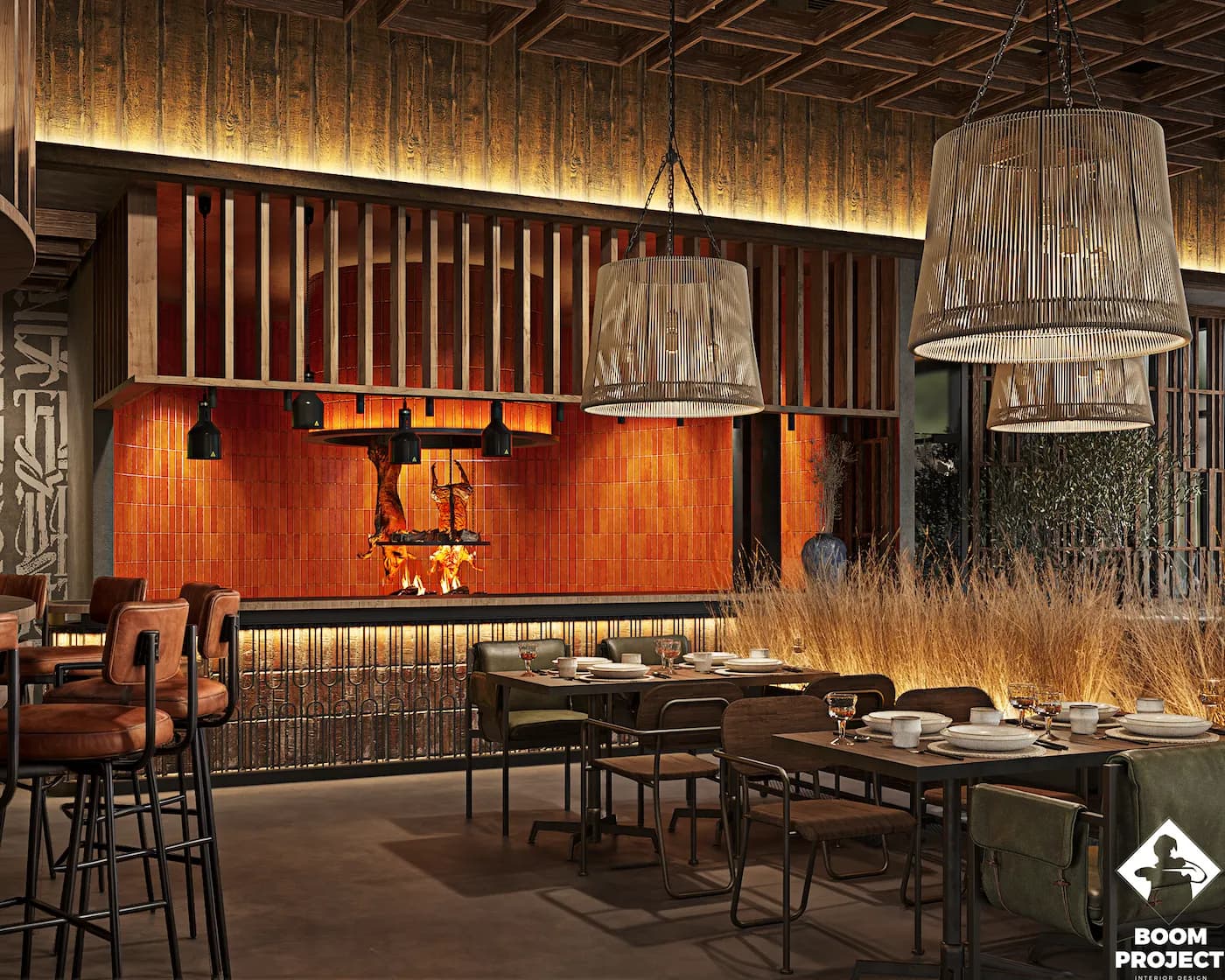 Intimate dining zone with exposed brick, warm amber lighting and custom wall details