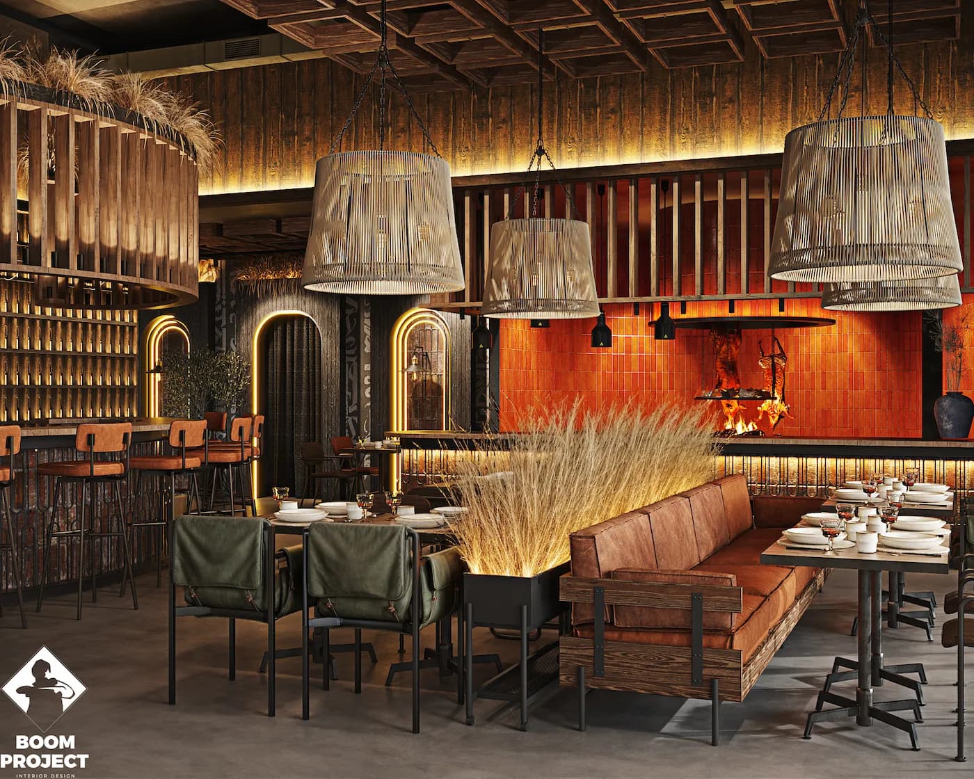 Grill restaurant seating area with brick walls, dark metal structures and integrated bar lighting