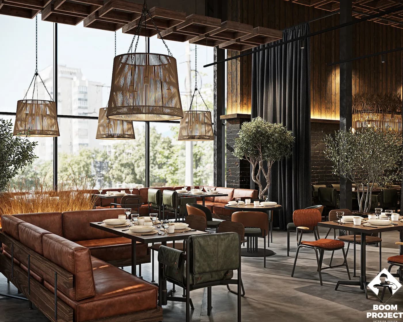 Light-filled Zharovnya dining area with rope decor, upholstered seating and panoramic glazing