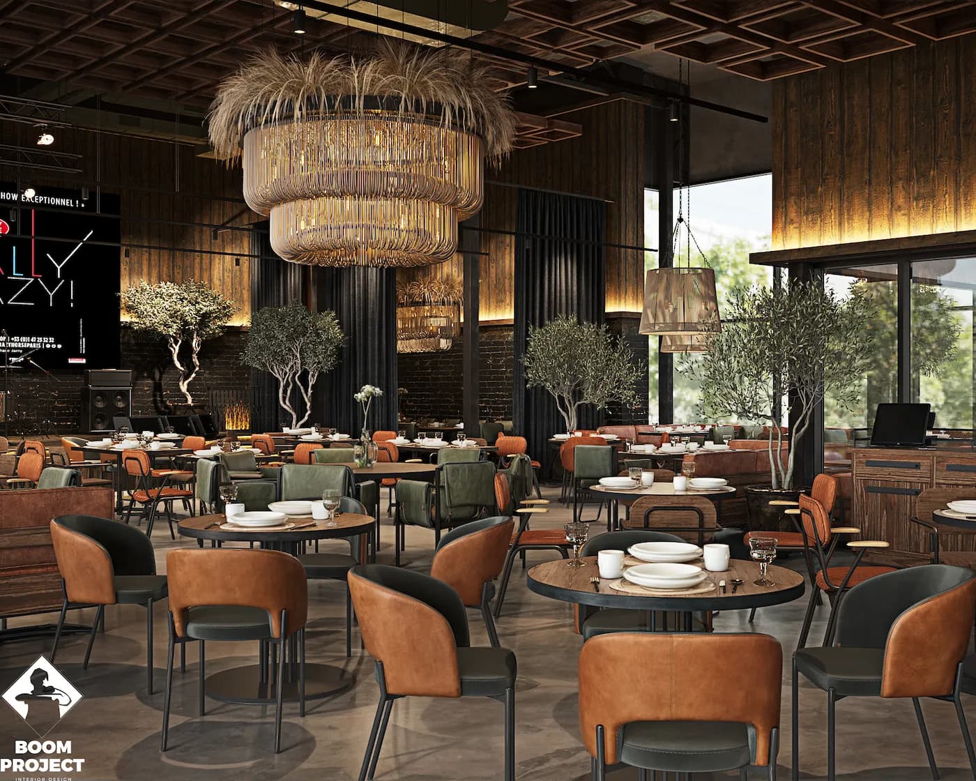 Zharovnya Crystal grill restaurant in Kyiv with brick walls, rope installations, custom lighting and loft-style dining areas