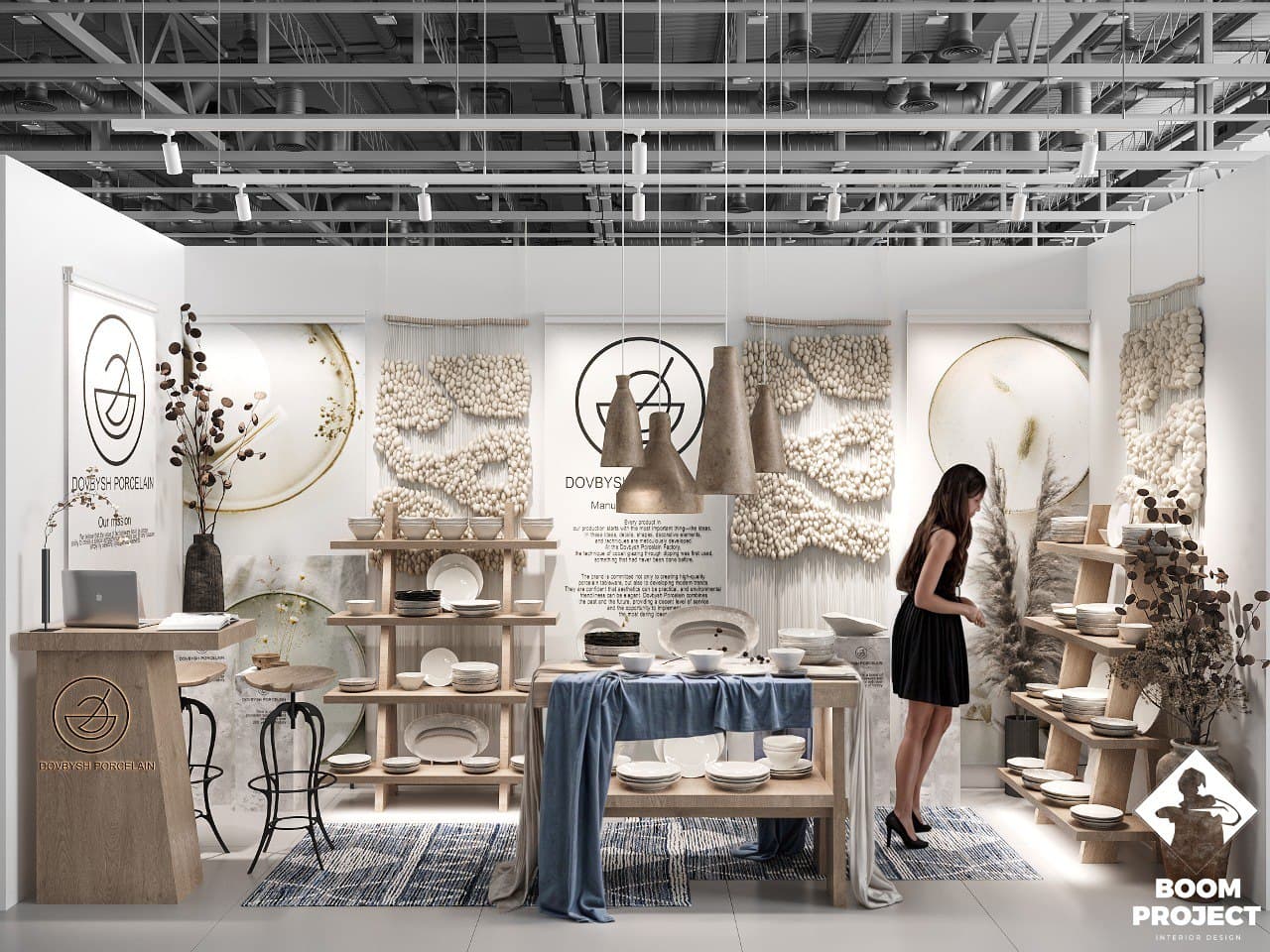 Dovbysh Porcelain exhibition pavilion in Kyiv with handcrafted ceramic displays, natural textures and restrained decorative details