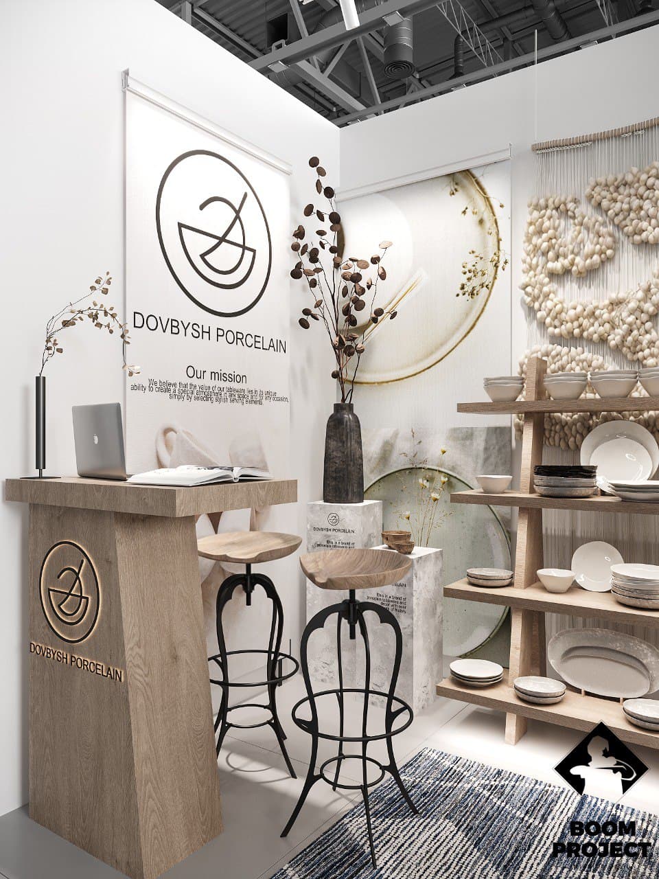 Dovbysh Porcelain exhibition display with handcrafted ceramic plates, natural timber shelves and restrained decorative details