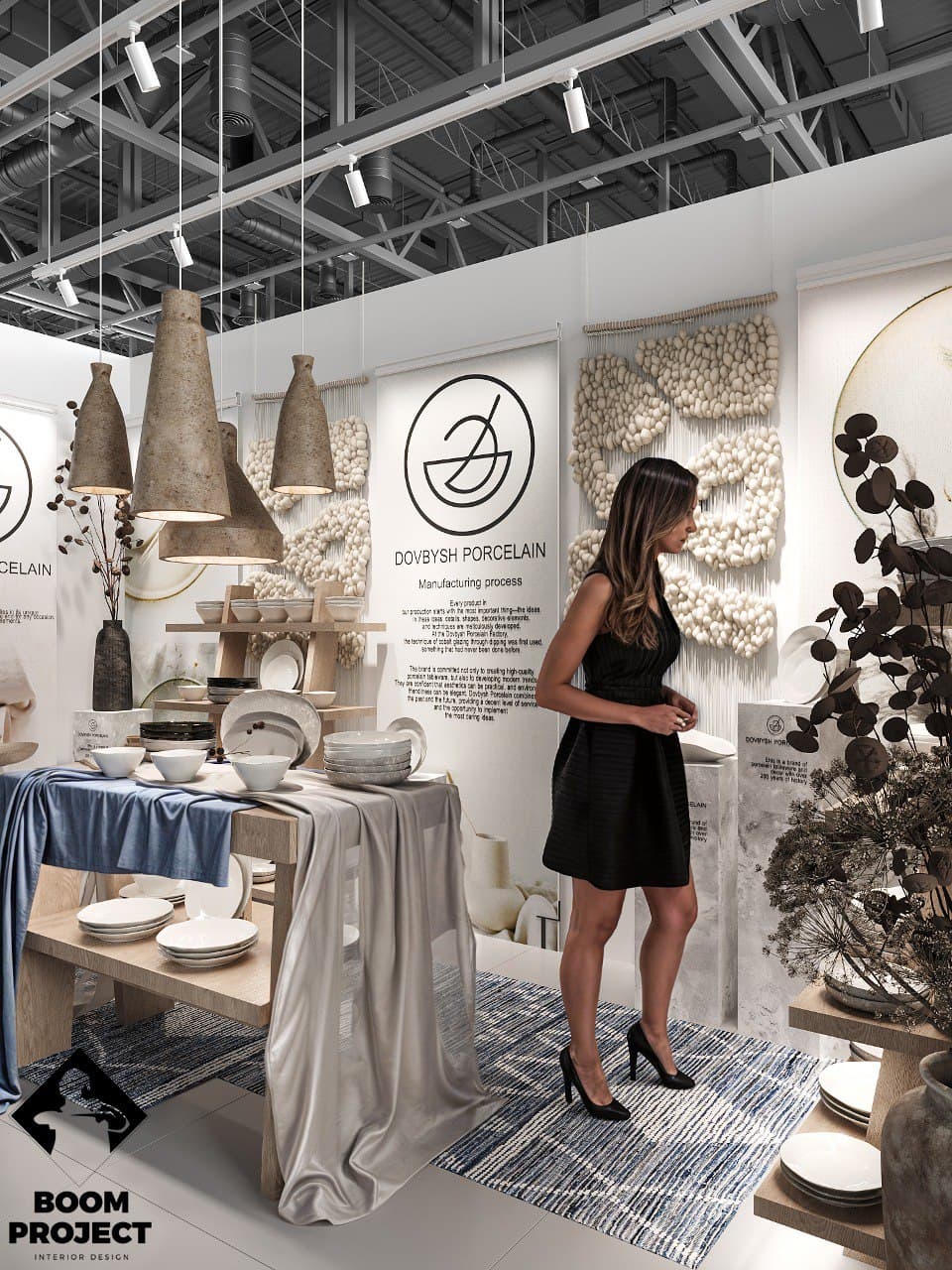 Visitors exploring the Dovbysh Porcelain pavilion with open shelving and curated ceramic product displays