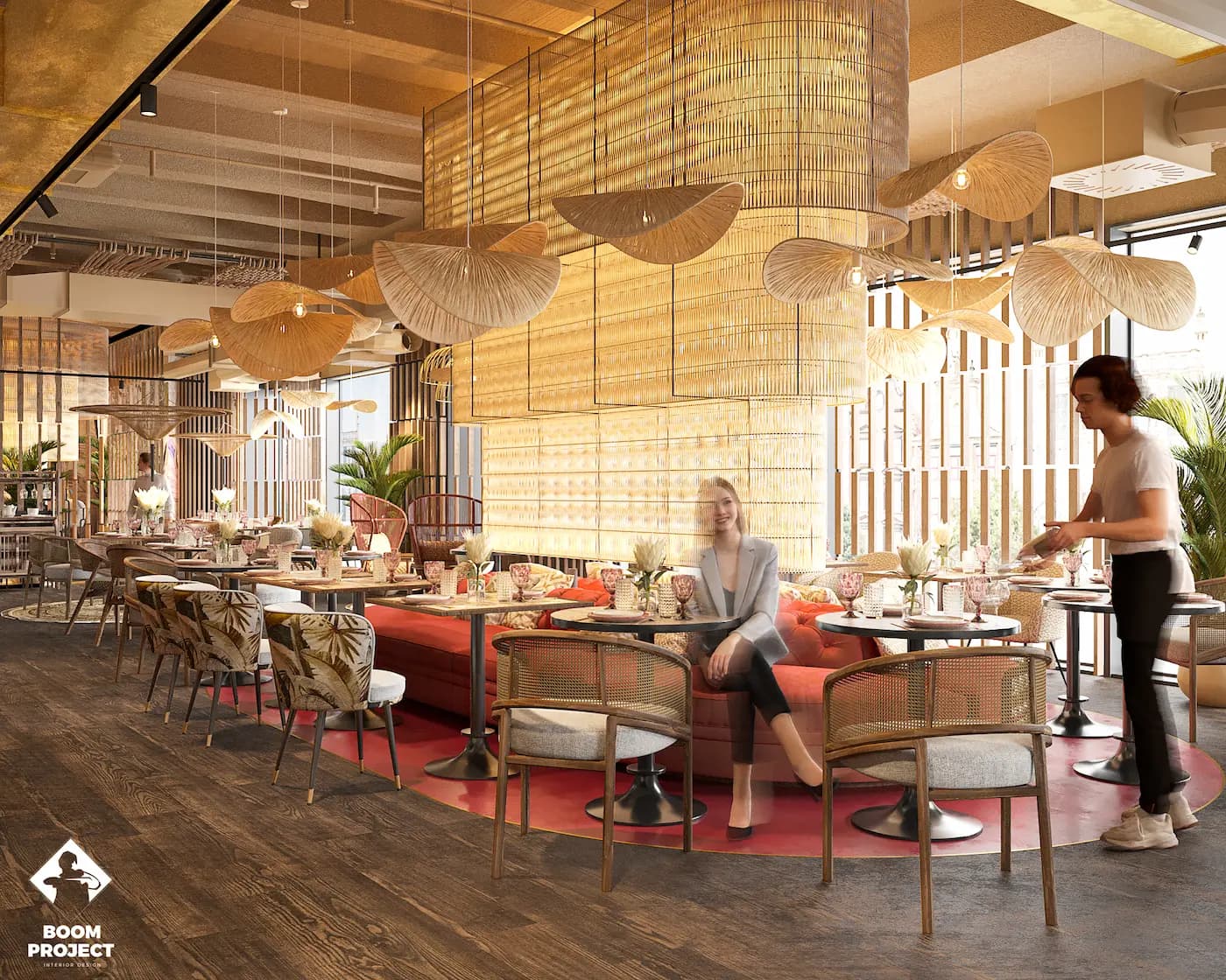 Open dining area with vivid upholstery, tropical greenery and semi-transparent partitions