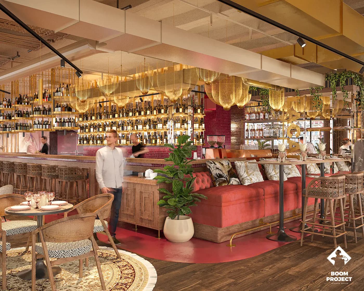 Central restaurant bar with coral tile, illuminated shelving and hanging greenery