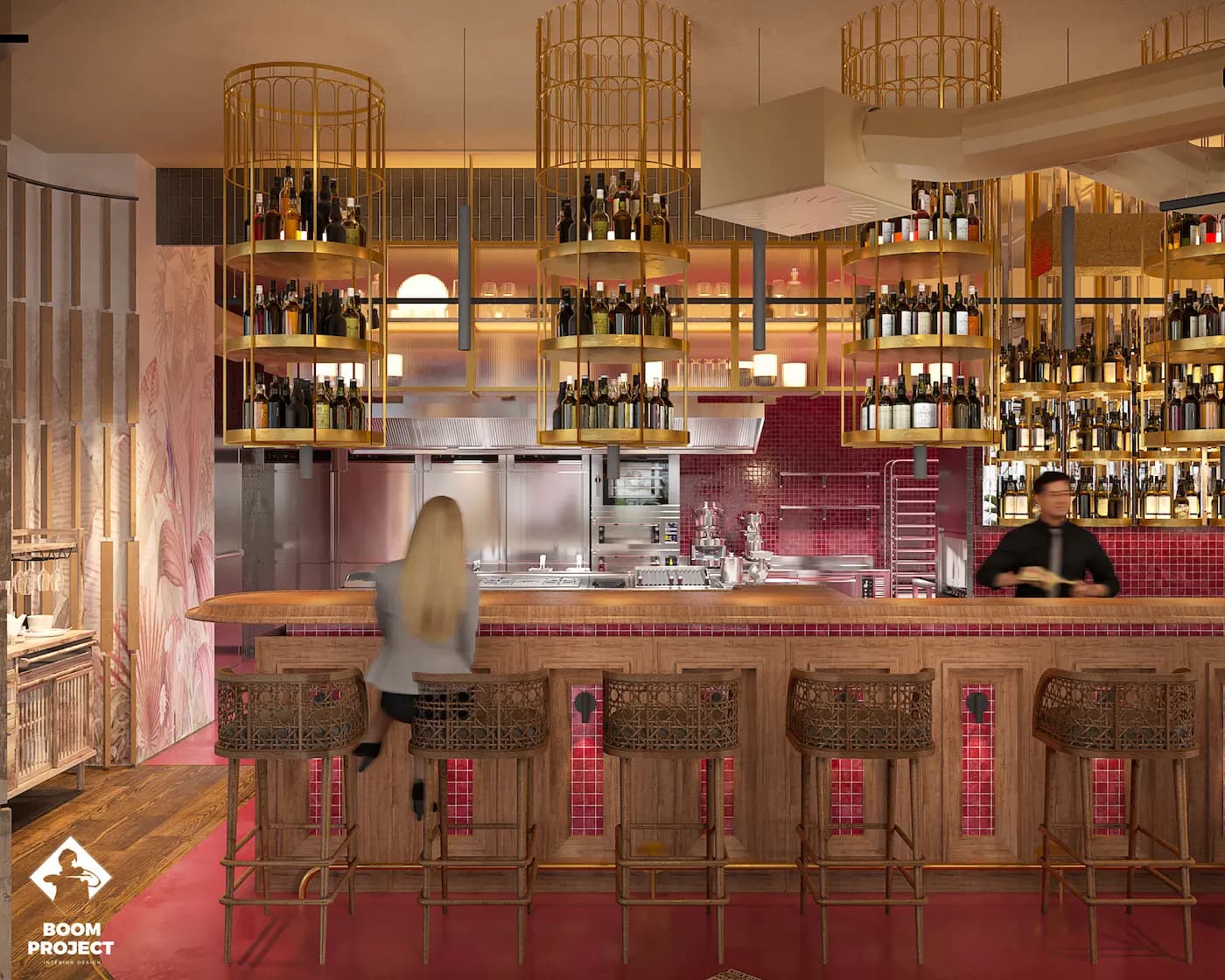 EG LACAL-A bar with custom bottle display, woven lighting and patterned counter facade
