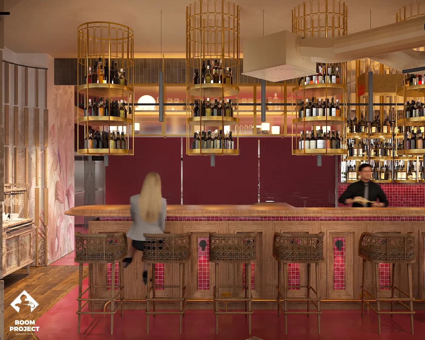Vienna restaurant bar with coral accents, natural timber and suspended decorative elements
