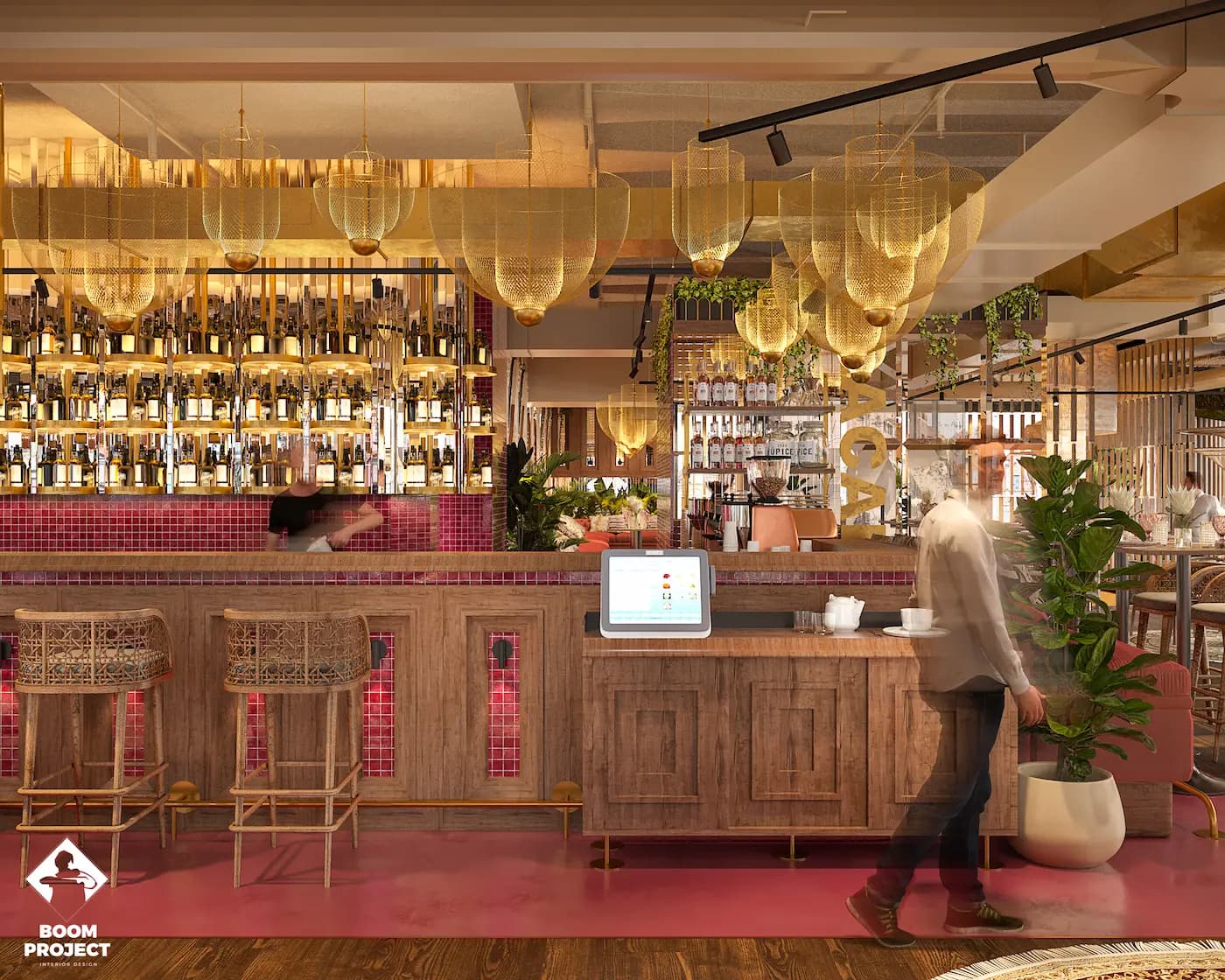 Bright bar interior with handcrafted chandeliers, colourful tile and open display shelving