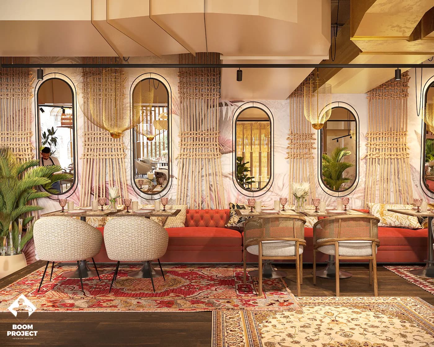 Dining lounge with custom wall art, woven pendants and richly patterned upholstery