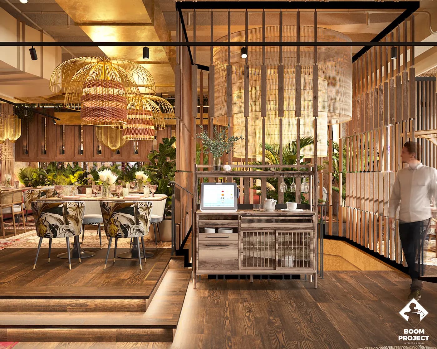 Restaurant entrance framed by vertical semi-transparent screens and decorative planting