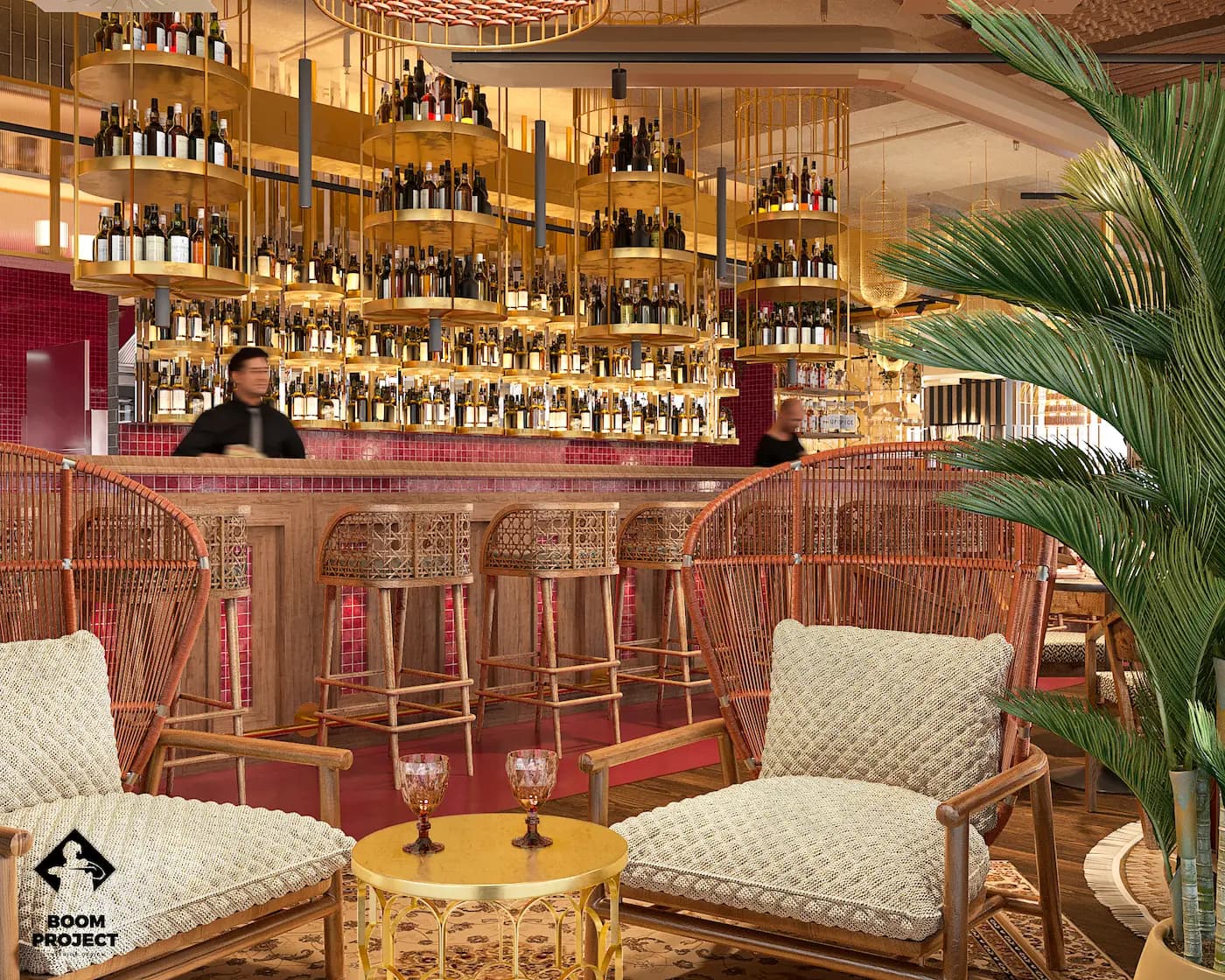 EG LACAL-A interior with coral banquette seating, open shelving and layered warm lighting