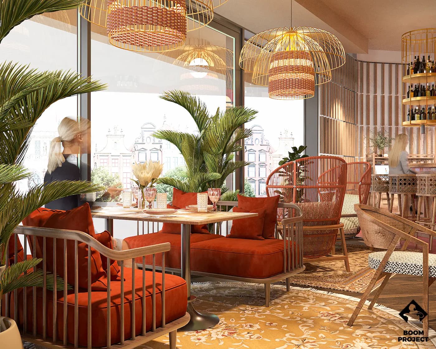 Intimate dining area with colourful furniture, indoor greenery and custom chandeliers