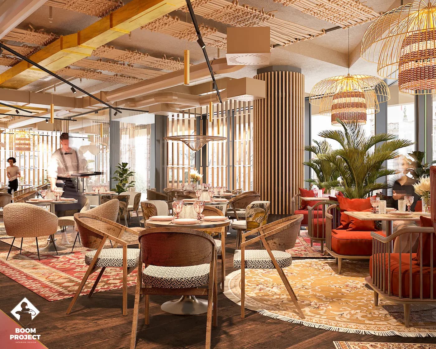 Light-filled restaurant seating with natural materials, woven details and panoramic windows