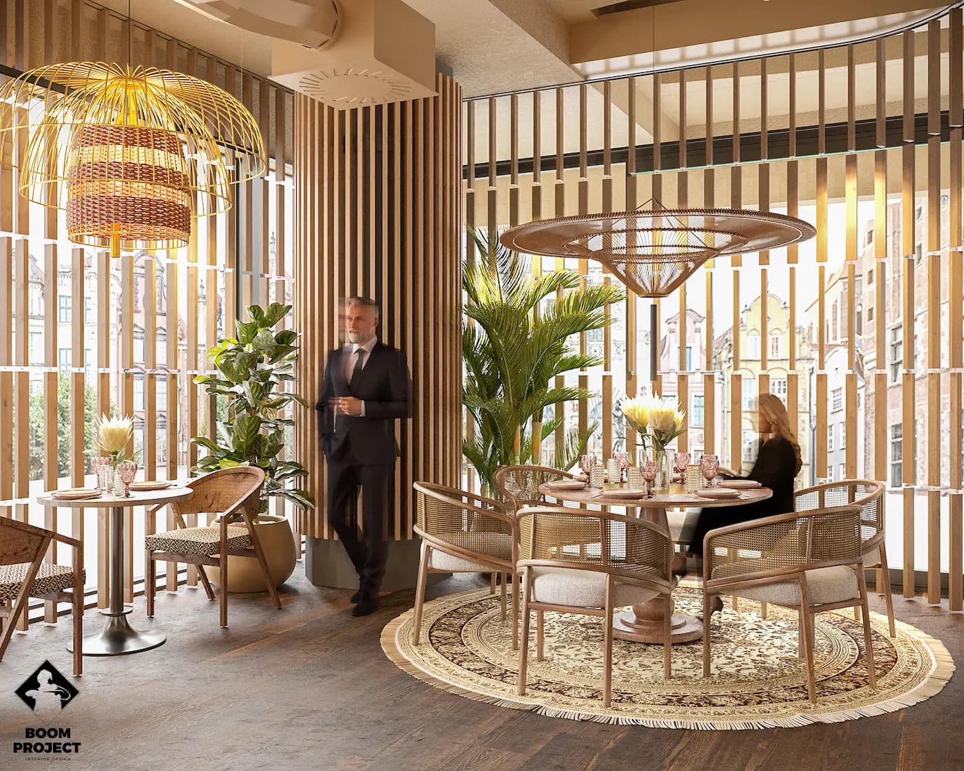 Dining zone defined by vertical screens, patterned furniture and tropical plants