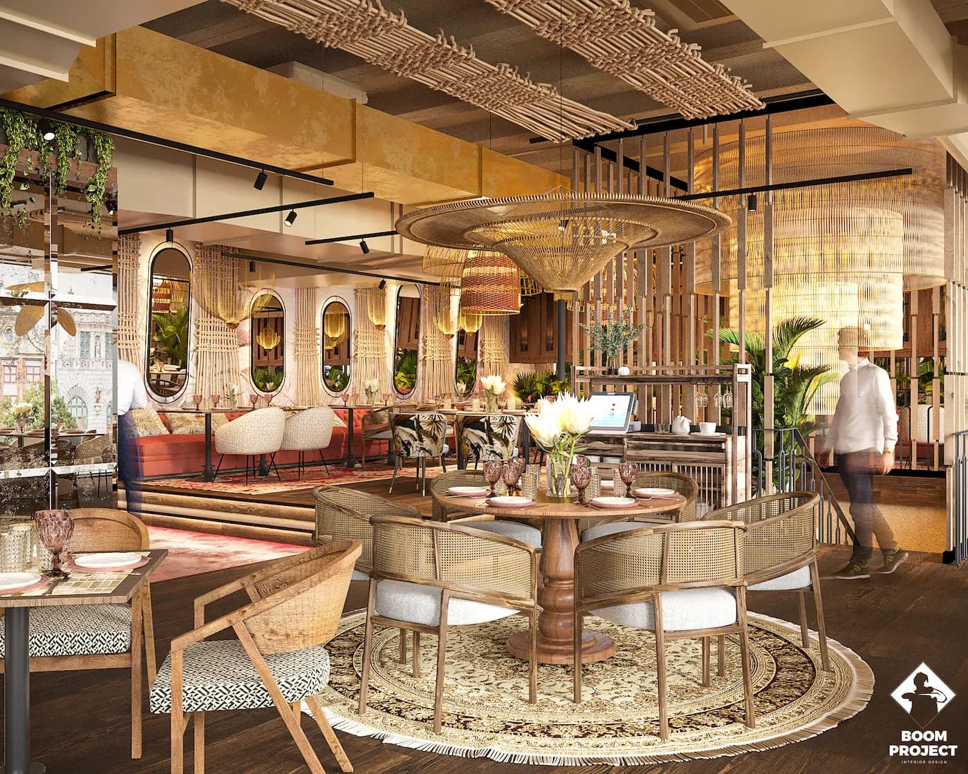Open restaurant interior with semi-transparent partitions and sculptural woven lighting