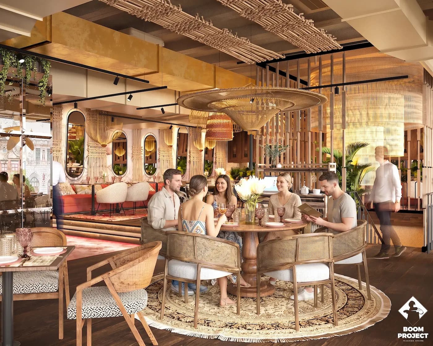 EG LACAL-A dining hall with textured ceiling, colourful seating and decorative greenery