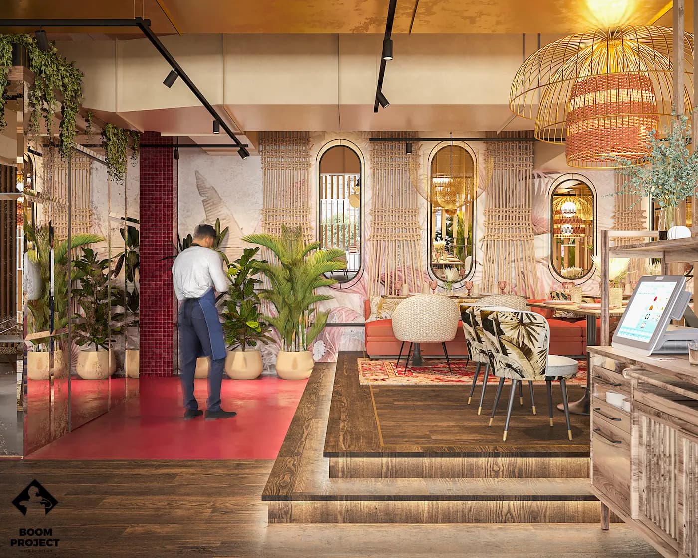 Restaurant lounge with coral bar, handcrafted lighting and patterned floor details