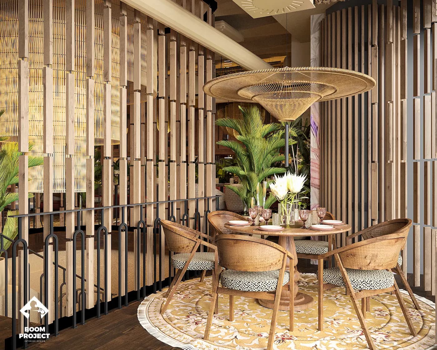 Window-side dining area with vertical screens, natural timber and warm upholstered seating