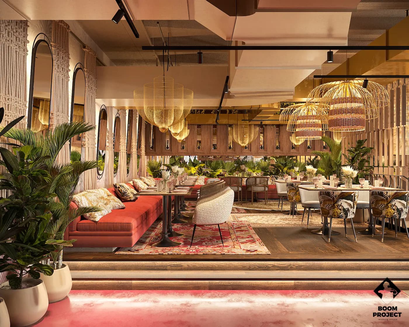 Panoramic view of the EG LACAL-A bar with vivid colour, custom lighting and greenery