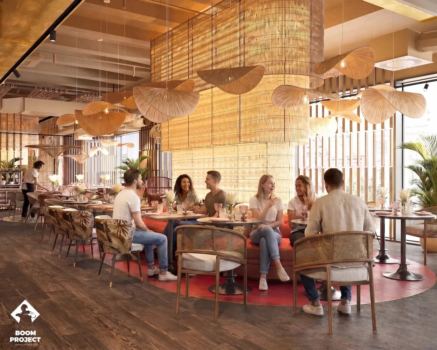 EG LACAL-A restaurant in central Vienna with vivid coral accents, custom chandeliers, woven textures and semi-transparent partitions