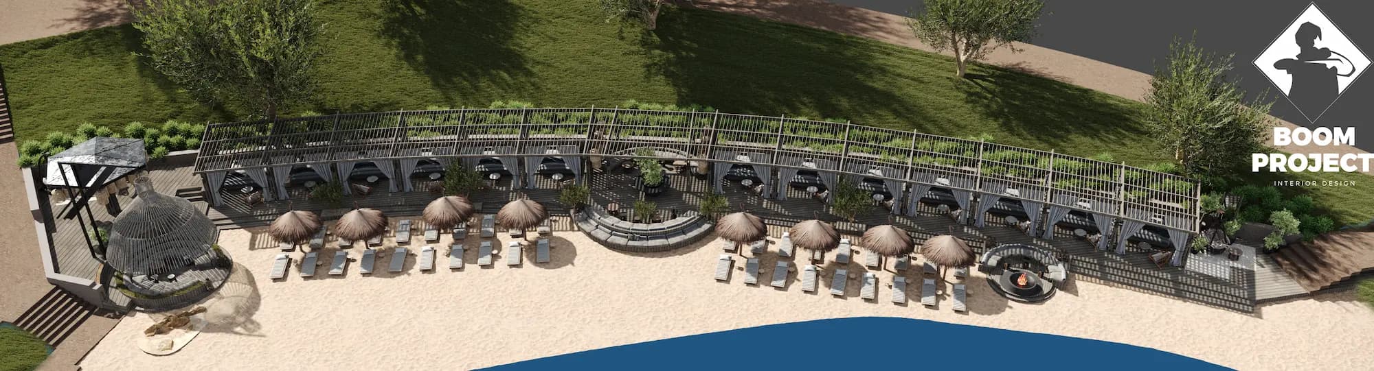 Aerial view of Esperanza Resort with landscaped lounge pavilions, restaurant seating and poolside areas