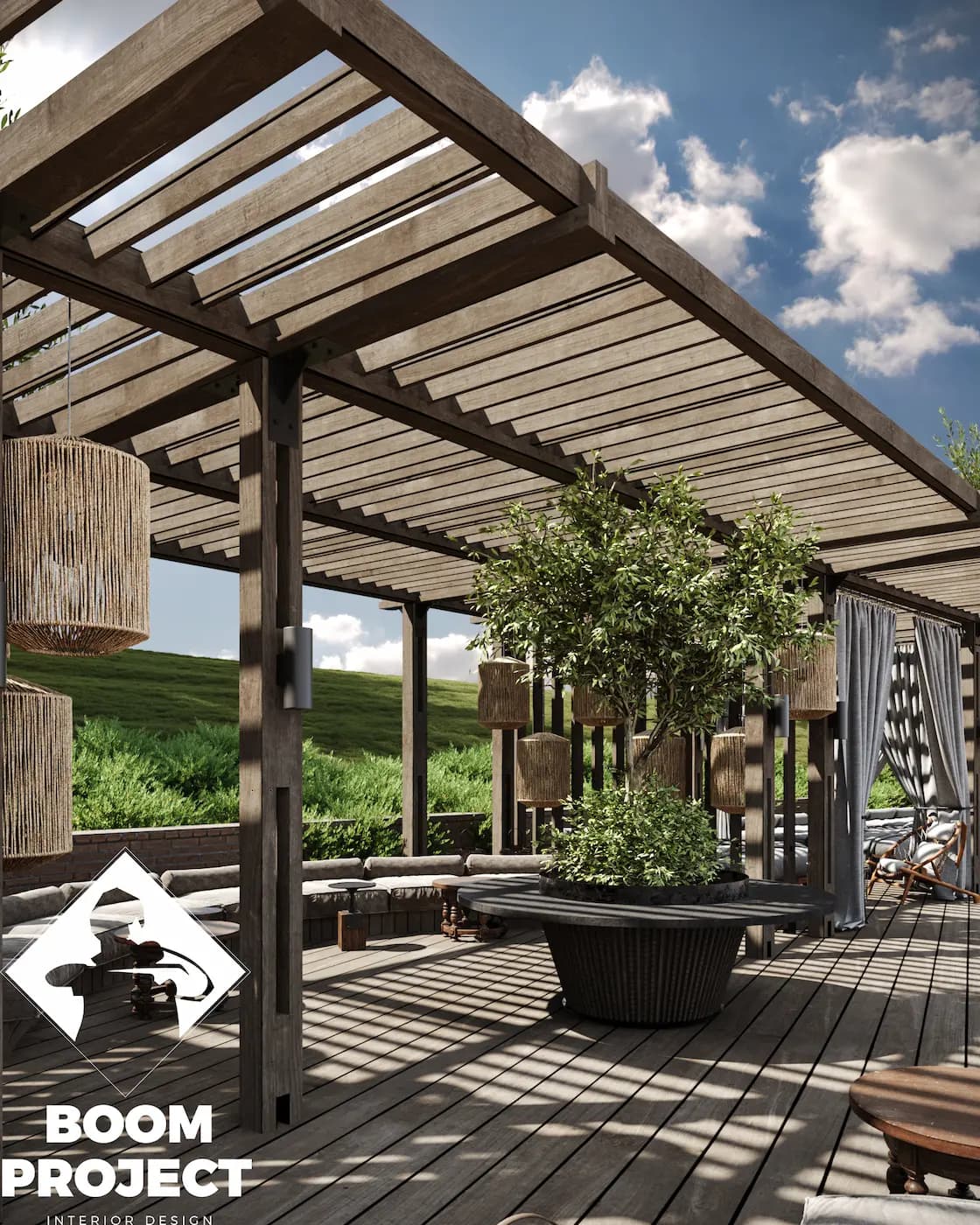 Esperanza Resort outdoor lounge in Vilnius with timber pergolas, woven screens and landscaped seating