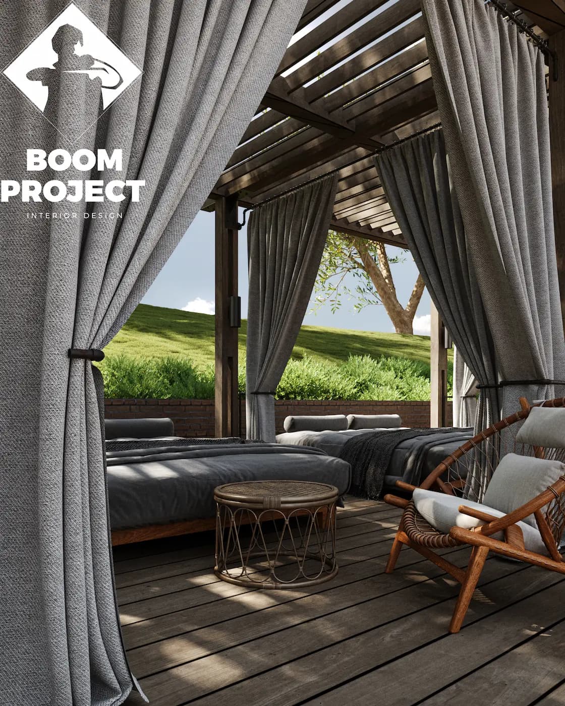 Esperanza Resort private lounge framed by woven screens and soft curtains