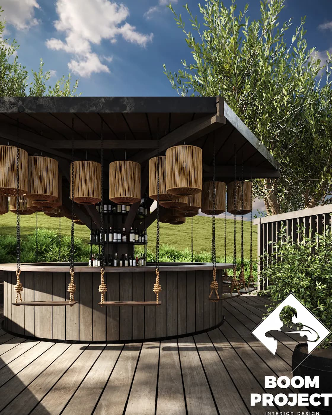 Esperanza Resort outdoor bar pavilion with timber cladding and woven canopy