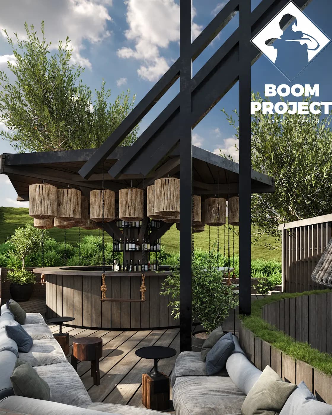 Esperanza Resort bar terrace framed by dark timber columns