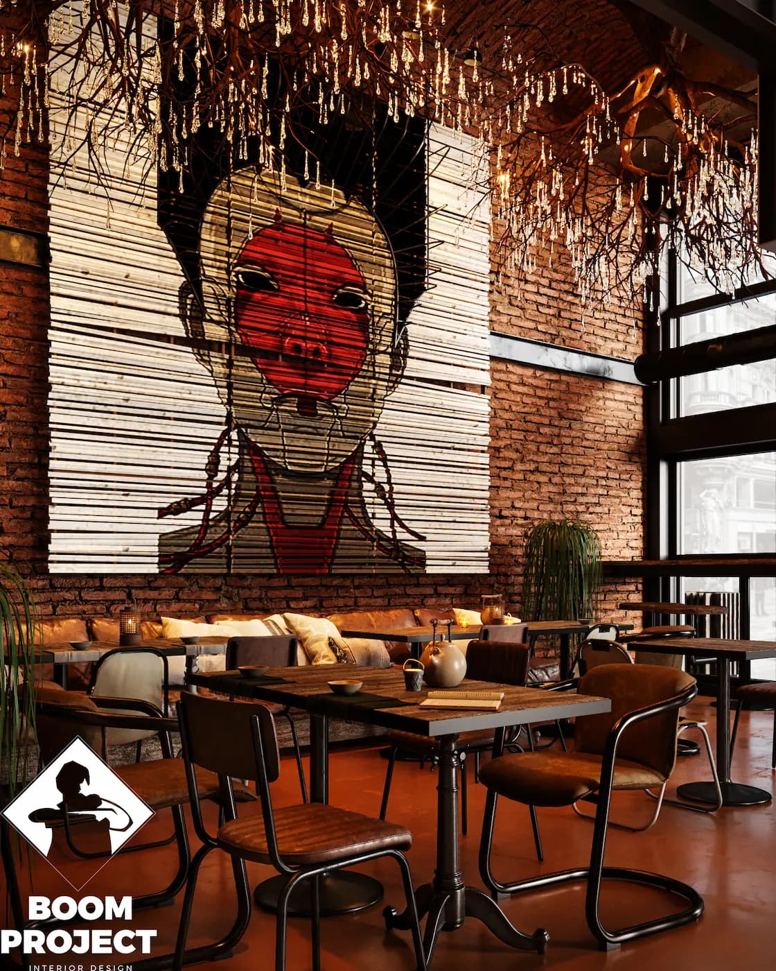 Funky Izakaya dining room in Vienna with a large Japanese portrait, timber tables and glowing red perforated screens