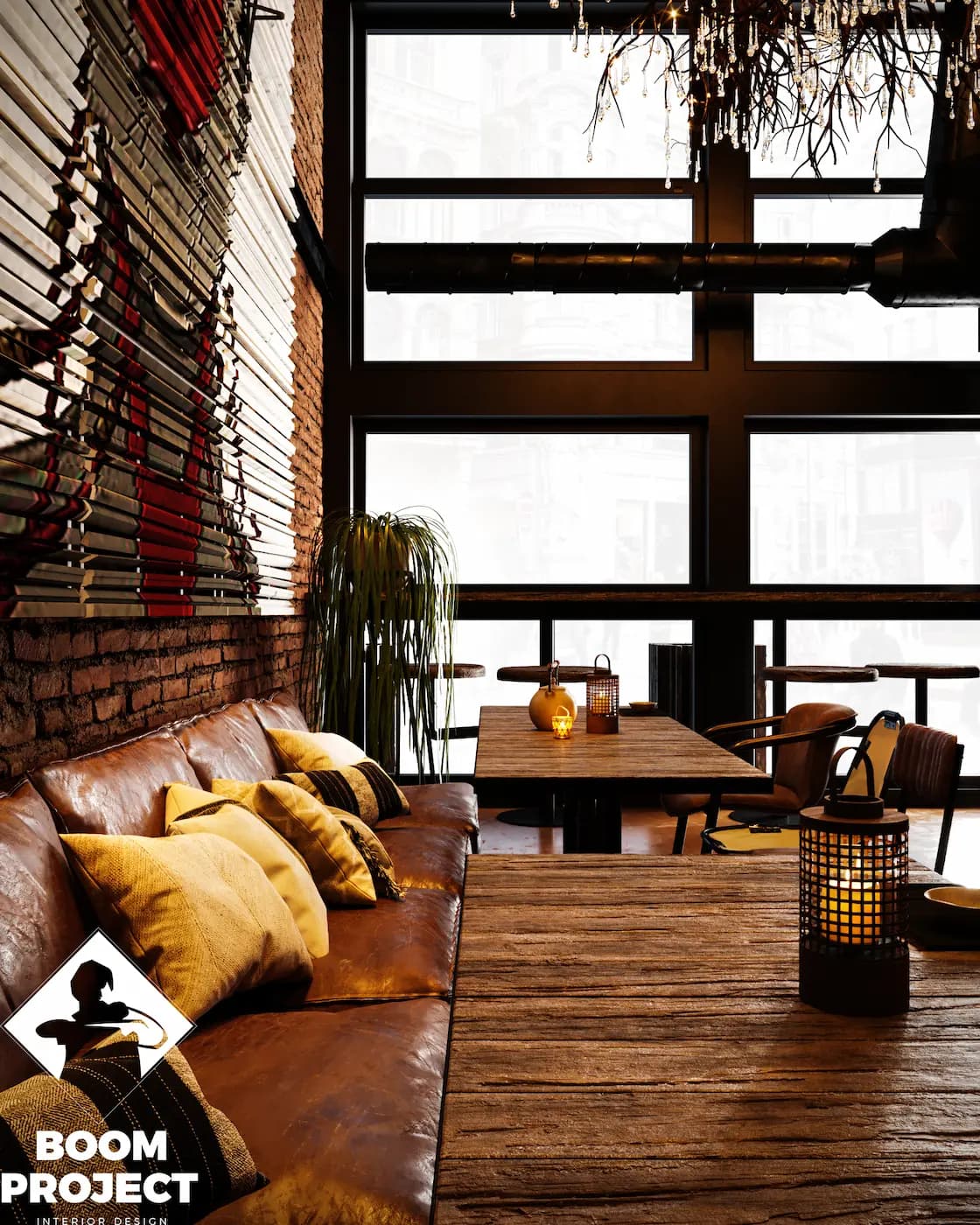 Window-side seating framed by timber surfaces and Japanese artwork