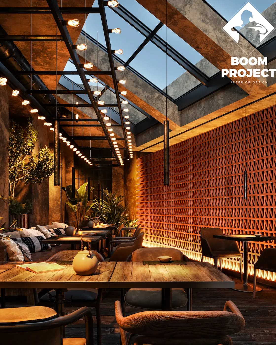 Dining room beneath a glass roof with orange perforated partitions