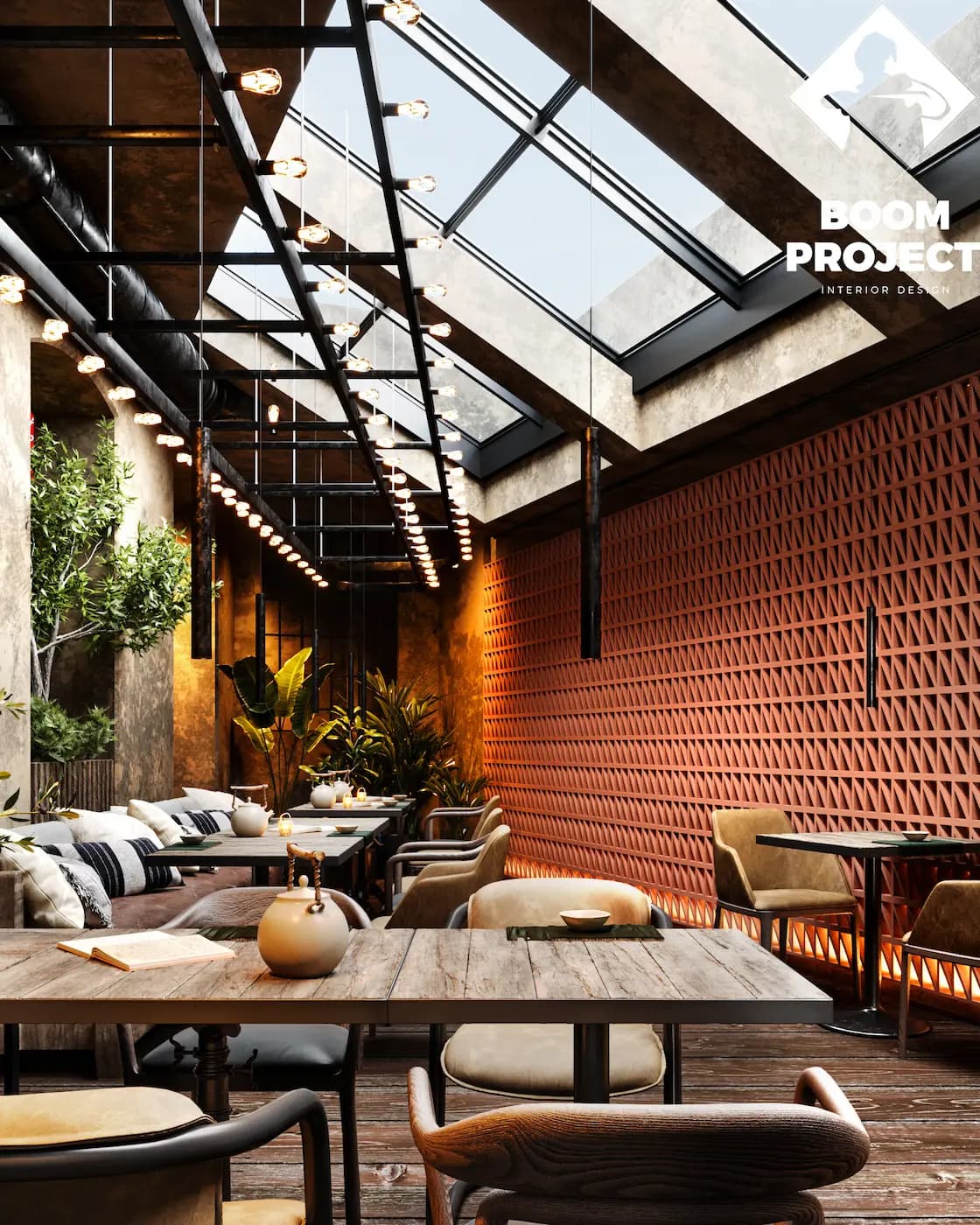 Restaurant seating framed by red screens and overhead glazing
