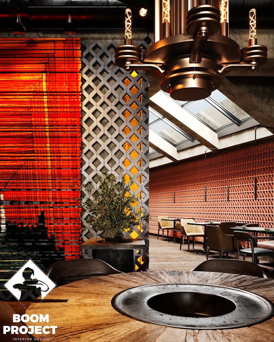 Illuminated red staircase beneath a circular ceiling installation