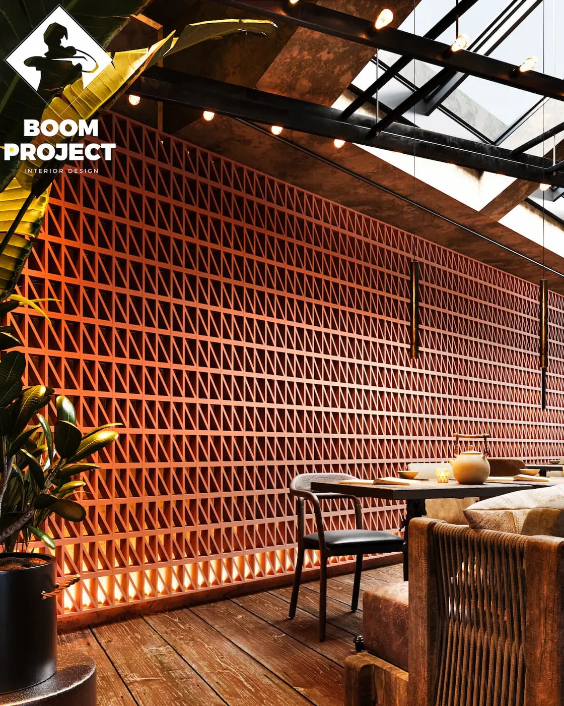 Upper dining area screened by semi-transparent perforated panels