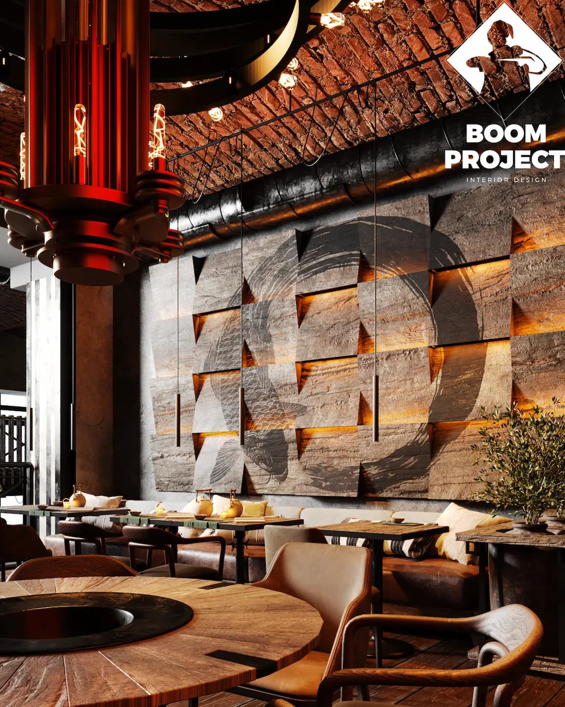 Textured stone feature wall with an illuminated orange graphic